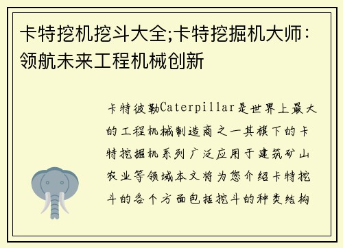 卡特挖机挖斗大全;卡特挖掘机大师：领航未来工程机械创新