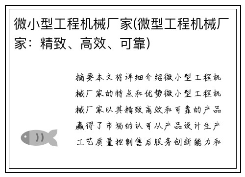 微小型工程机械厂家(微型工程机械厂家：精致、高效、可靠)